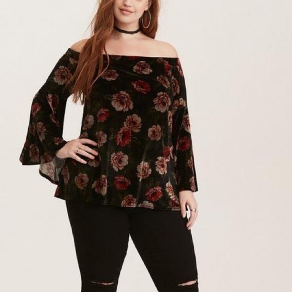Torrid Floral Print Velvet Off Shoulder Bell Sleeve Top - Picture 1 of 10